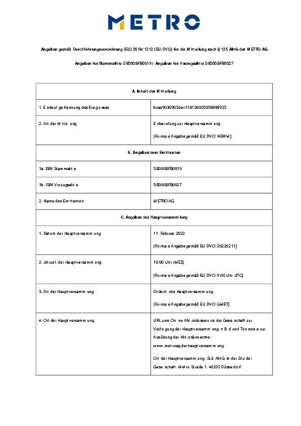 Angaben gemäß Durchführungsverordnung (EU) 2018/1212 (EU-DVO) für die Mitteilung nach § 125 AktG der METRO AG