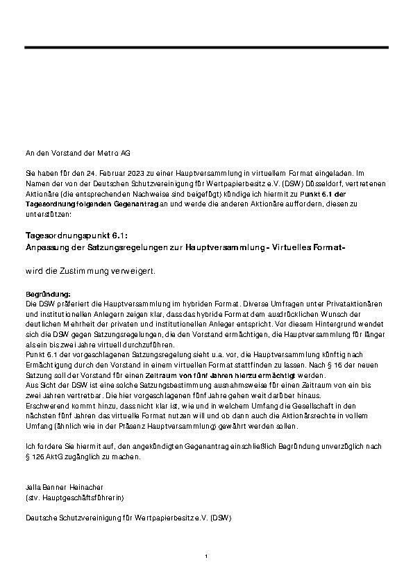 Gegenantrag zu Tagesordnungspunkt 6.1 von Deutsche Schutzvereinigung für Wertpapierbesitz e.V. (DSW)