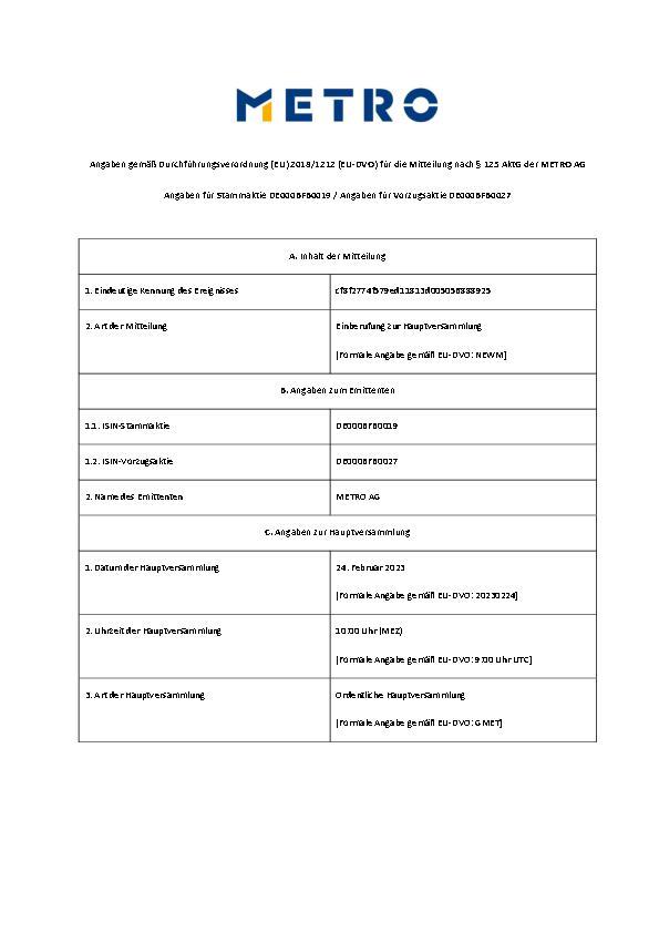 Angaben gemäß Durchführungsverordnung (EU) 2018/1212 (EU-DVO) für die Mitteilung nach § 125 AktG der METRO AG