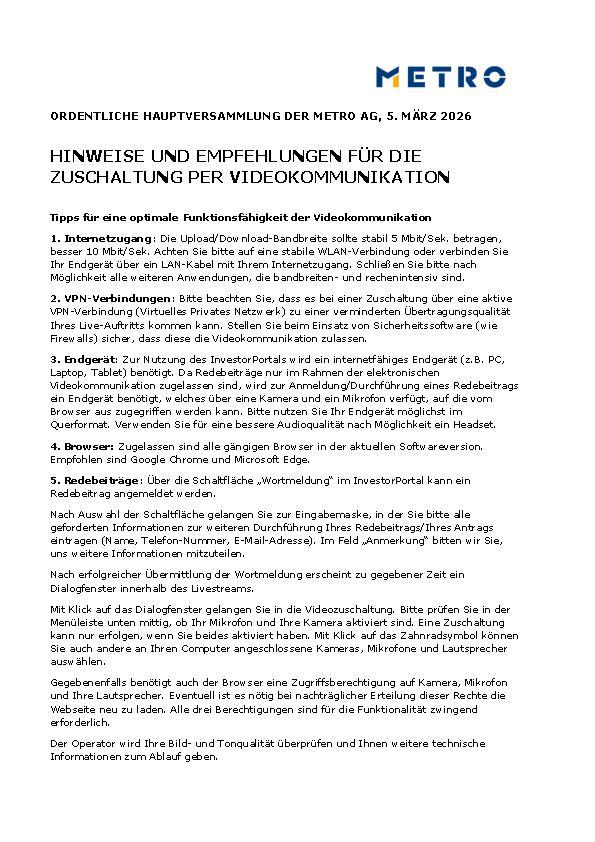 Hinweise und Empfehlungen für die Zuschaltung per Videokommunikation